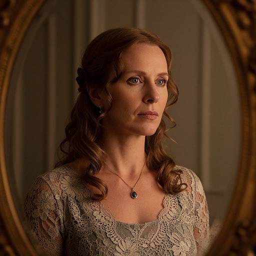Photograph of a middle-aged woman with wavy brown hair, wearing a lace dress, gold necklace, and serious expression, framed by an ornate