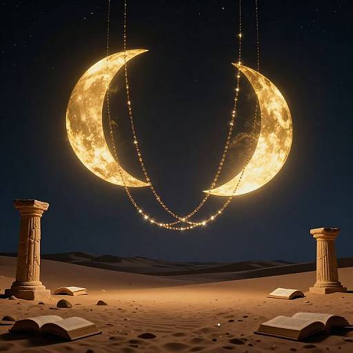 Photograph of glowing, crescent moon swings hanging over a starry night desert, with ancient columns and open books on sandy ground.