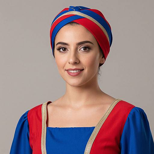 Photograph of a smiling woman with fair skin, brown eyes, wearing a red and blue headscarf, blue dress with red sleeves, and gold
