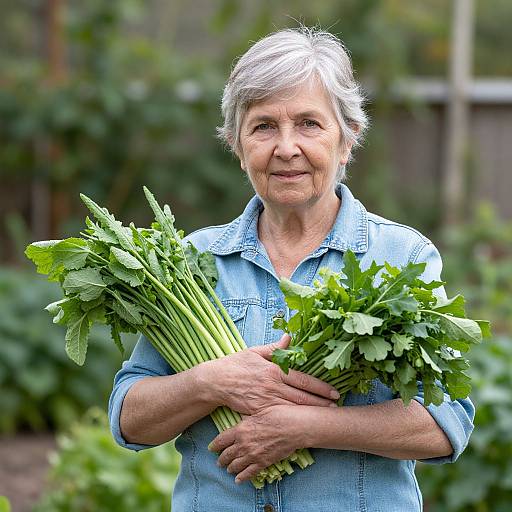 Photograph of an elderly woman with short gray hair, wearing a blue denim shirt, holding two bundles of fresh green leafy vegetables in a garden.
