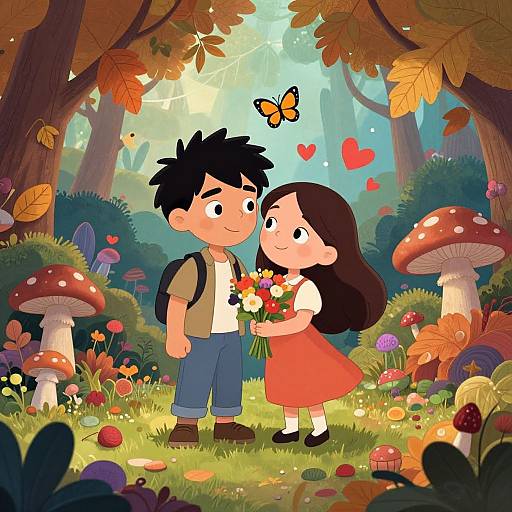 Cartoon-style forest scene with a black-haired boy in blue pants and brown backpack, and a brown-haired girl in red dress, holding flowers, surrounded