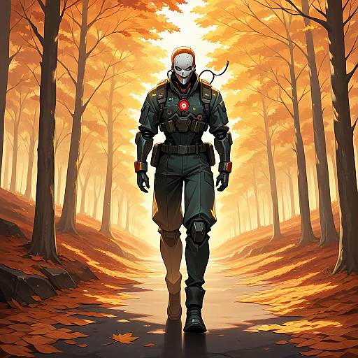 Cyberpunk Soldier Walking in Autumn Forest