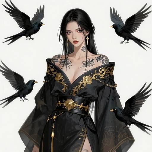 Digital artwork of a pale-skinned, black-haired woman with tattoos, wearing an ornate black kimono, surrounded by four black crows.