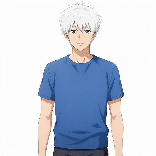 White-Haired Character in Blue Shirt