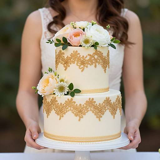 Photograph of a bride holding a two-tiered, white wedding cake with gold lace-like icing, pink and white flowers, and green leaves, against