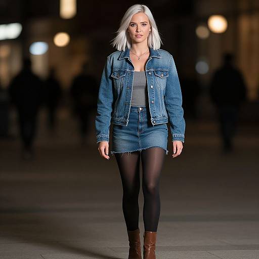 Photograph of a blonde woman with straight hair, wearing a blue denim jacket, grey top, denim skirt, black tights, and brown boots,