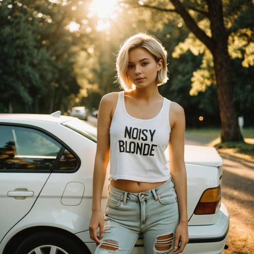 Young Woman Leaning on White Car in Golden Hour