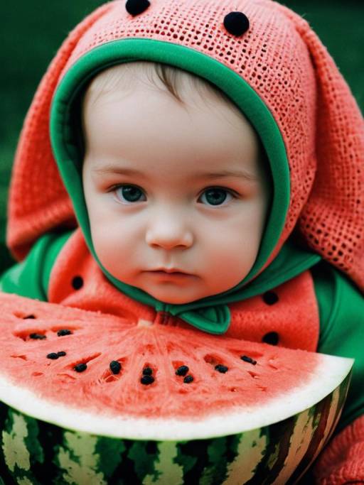 Baby in Watermelon Costume Holding Watermelon Slice