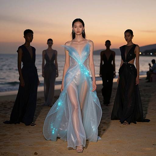 Photograph of a model in a shimmering, translucent blue gown with glowing accents, walking on a beach at sunset, surrounded by silhouetted