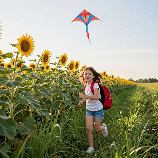 Photograph of a smiling young girl with curly brown hair, white shirt, denim shorts, red backpack, and white sneakers, running through a sunflower