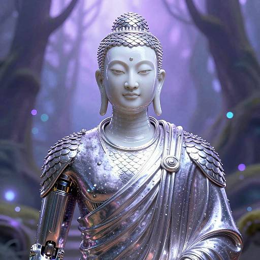 Cybernetic Monk in Bioluminescent Forest