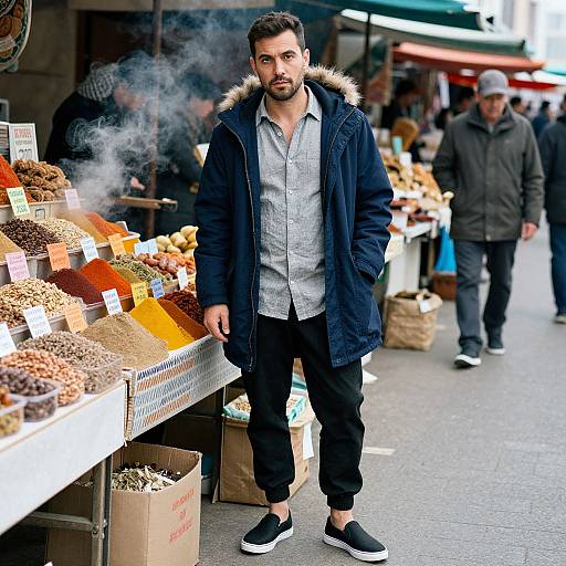 Photograph of a bearded man in a black coat and sneakers, standing at a bustling outdoor market stall with smoke and various spices. Other shoppers in