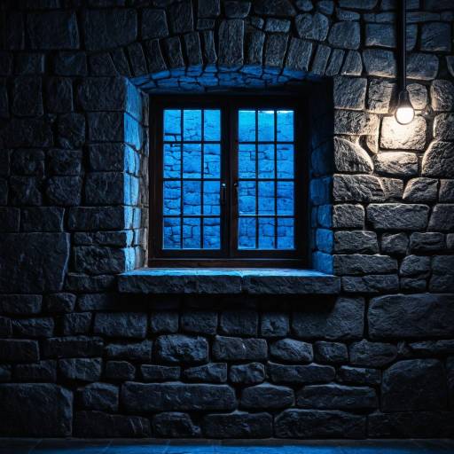 Stone Wall with Small Window and Blue Lighting