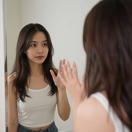 Photograph of an Asian woman with long black hair, wearing a white tank top and blue jeans, standing in front of a mirror, raising her hand