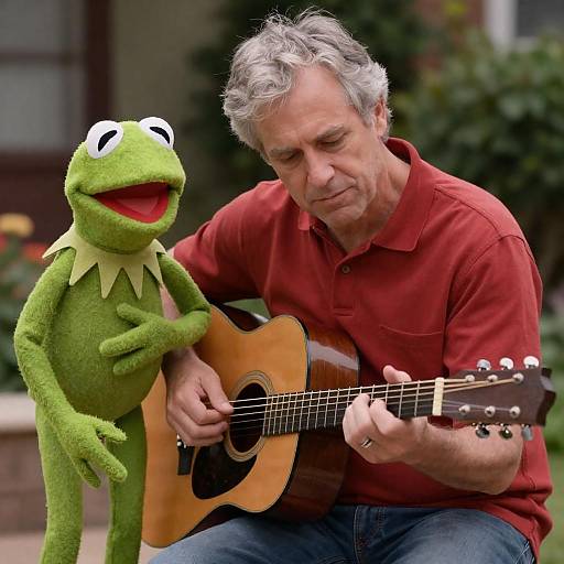 Man Playing Acoustic Guitar with Kermit