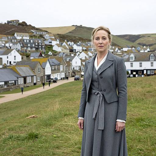 Photograph of a blonde woman in a gray, long-sleeved, buttoned-up suit standing on a grassy hill with a coastal village of