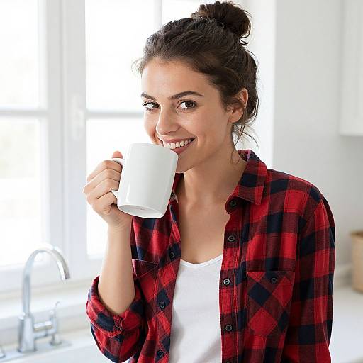 Cheerful Woman with Mug by Window
