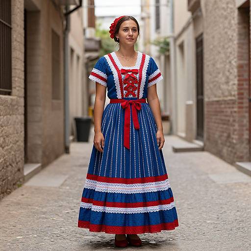 Photograph of a young woman in a traditional Spanish flamenco dress, blue with white lace and red accents, standing in a narrow, cobblestone