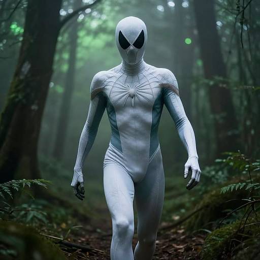 Photograph of a white, mask-wearing, muscular, alien-like figure in a tight, silver bodysuit walking through a misty, dark