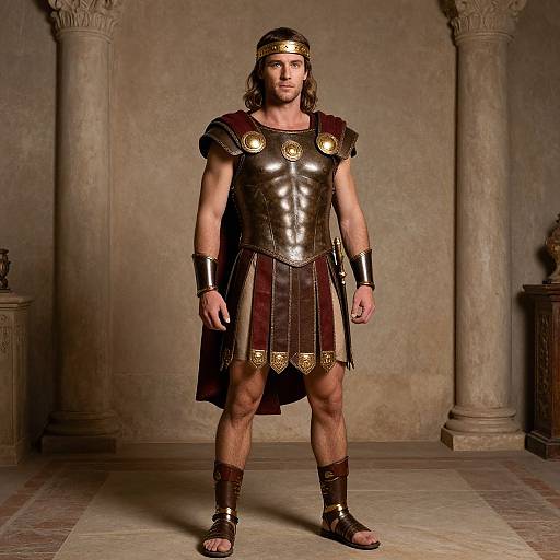 Photograph of a muscular man with long brown hair wearing ancient Greek-style armor, including a helmet, bronze chest plate, and maroon skirt, standing