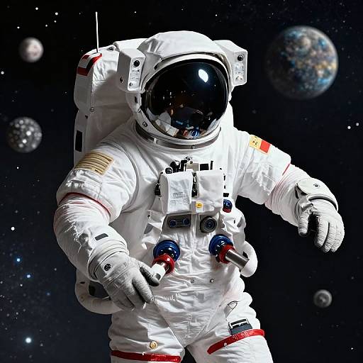 Digital artwork of an astronaut in a white spacesuit with black helmet, floating in space, surrounded by planets and stars.