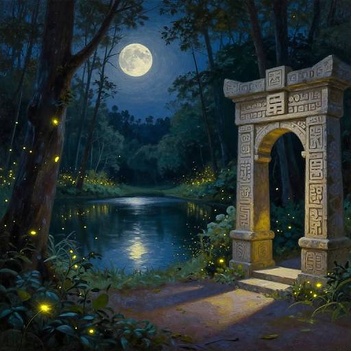 Serene Moonlit Forest with Aztec Arch
