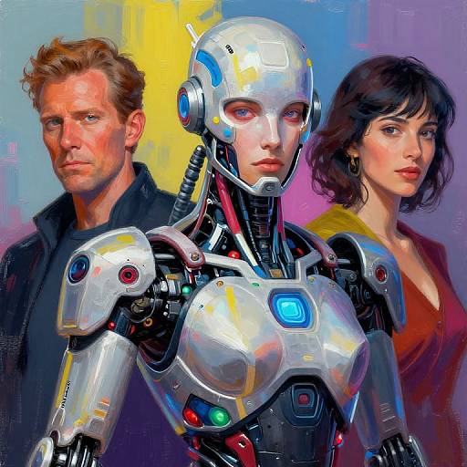 Digital painting of a human man, a female robot, and a brunette woman with serious expressions, colorful background, sci-fi theme.