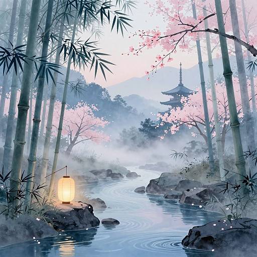 Digital illustration of a tranquil bamboo forest at dusk with a glowing lantern, cherry blossoms, mist, and a traditional pagoda in the background. Cal
