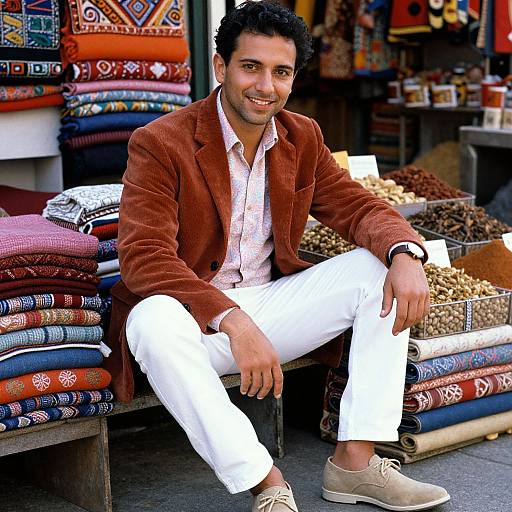 Photograph of a smiling Indian man with short black hair, wearing a brown velvet blazer, white shirt, white pants, and beige loafers,