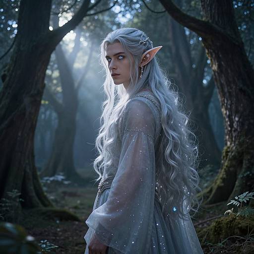 Digital artwork of a silver-haired, elven woman with pointed ears in a mystical forest, wearing a translucent, ethereal dress, illuminated by moonlight