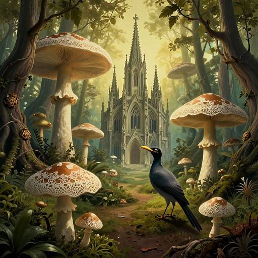 Fantastical forest scene: Detailed digital artwork of a blue bird standing beside giant, patterned mushrooms leading to a gothic cathedral. Sunlight filters
