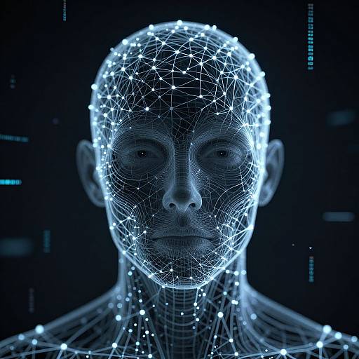 Digital CGI image of a wireframe human head and neck, glowing with white, star-like dots against a dark blue background.