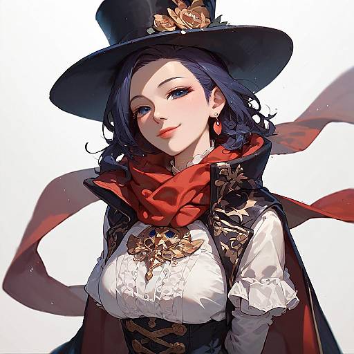 Digital anime-style drawing of a fair-skinned woman with blue eyes, wearing a black top hat, red scarf, white blouse, black vest, and