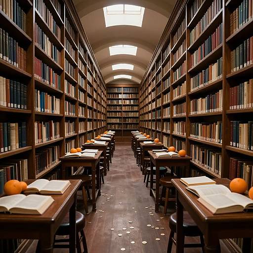 Photograph of a long, dimly lit library with wooden shelves filled with books, wooden tables, open books, and orange oranges on each table.