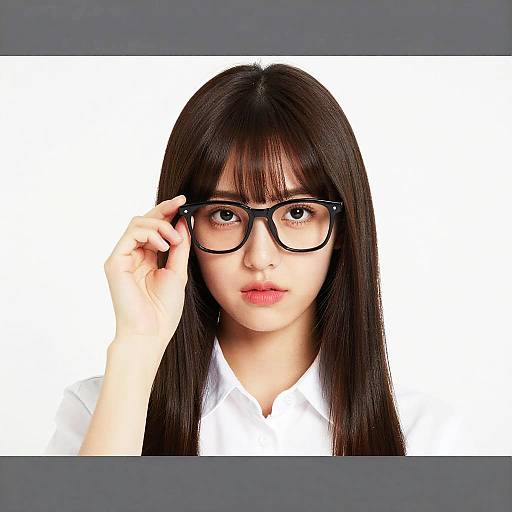 Photograph of an Asian woman with straight black hair, wearing black-framed glasses, adjusting them, in a white shirt, against a plain white background