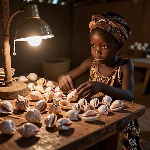 Photograph of young African girl with dark skin, beaded headwrap, patterned dress, sorting seashells under a dim, industrial lamp.