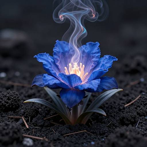 Photograph of a glowing blue flower with ethereal white smoke rising, set against a dark, textured soil background.