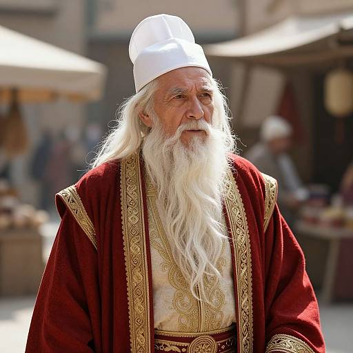 Photograph of an elderly, white-bearded man in a white turban and ornate red robe with gold trim, standing outdoors in a bustling market