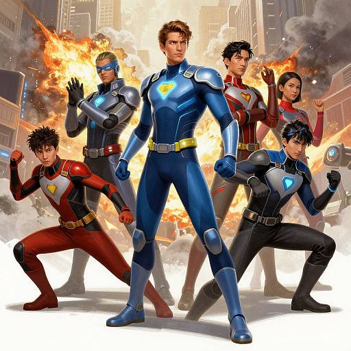 Digital illustration of six diverse superheroes in colorful suits, standing confidently in front of an exploding cityscape, each in dynamic poses.