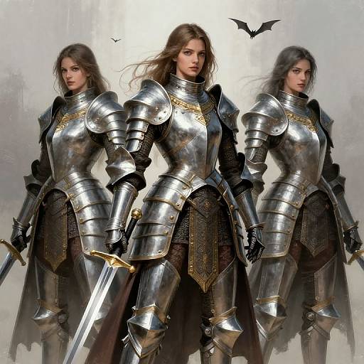 Digital painting of three fierce, armored women with long brown hair, holding swords, in reflective steel armor, with bats in the background.