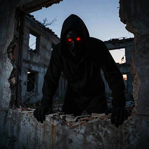 Photograph of a shadowy, hooded figure with glowing red eyes, crouching through a broken window in a dilapidated, abandoned building
