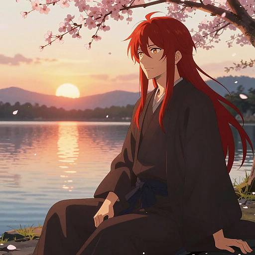 Serene Red-Haired Anime by Lake