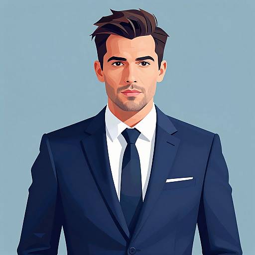 Digital illustration of a handsome, fair-skinned man with dark brown hair, wearing a dark blue suit, white shirt, and black tie, against a