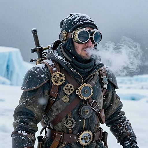 Steampunk soldier in snowy landscape, wearing goggles, gears, and leather gear, with a sword on back, breathing visible steam. Photorealistic