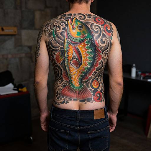 Photograph of a shirtless man with a colorful, intricate koi fish tattoo on his back, surrounded by swirling patterns, standing in a dimly