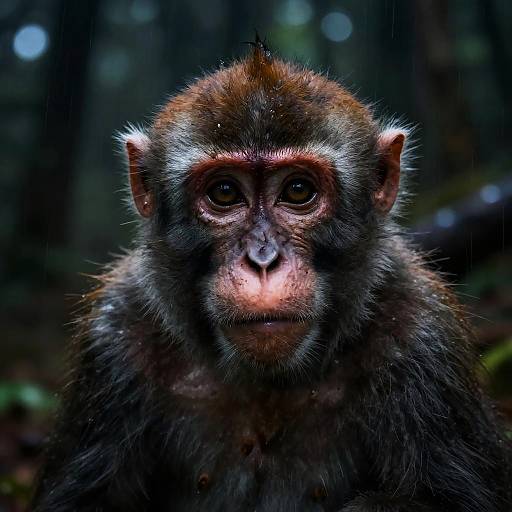 Photograph of a young, dark-furred monkey with striking white-tipped ears, large dark eyes, and a pinkish face, set against a