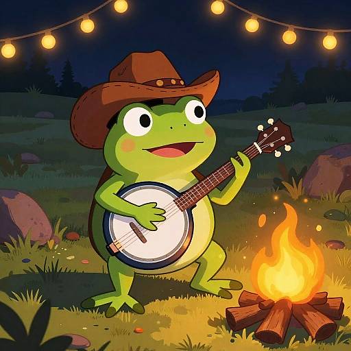 Cowboy Frog Banjo Campfire Scene