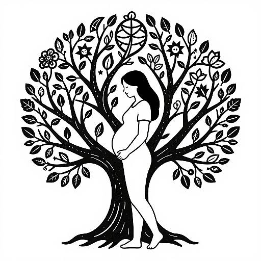 Black and white silhouette of a woman with long hair embracing the trunk of a flowering tree, surrounded by leaves and blossoms. Digital artwork with a bold