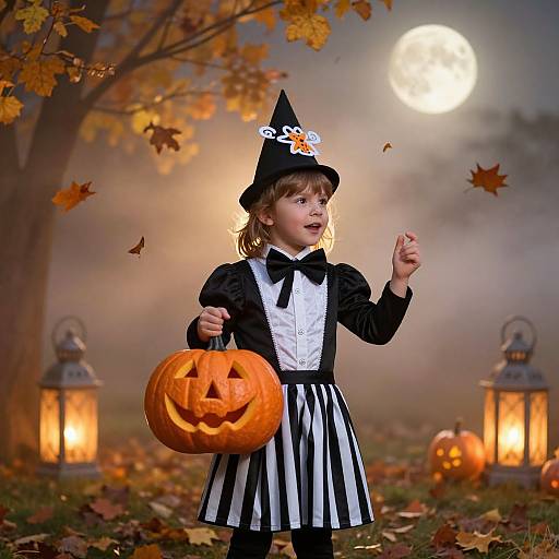 Photograph of a young girl in a black witch hat and striped black-and-white dress, holding a carved pumpkin, under a full moon with lanterns