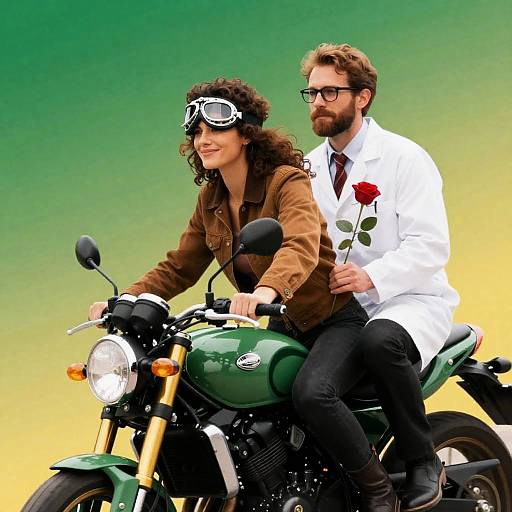 Joyful Ride on a Green Motorcycle